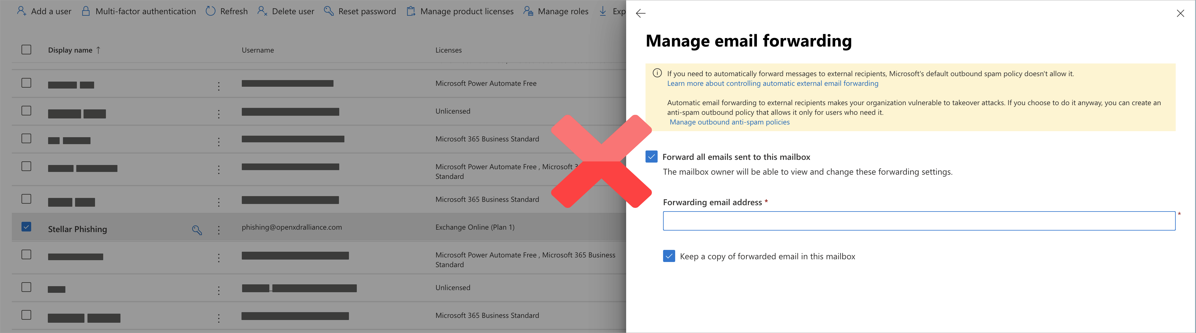 Select the image to expand and collapse it. Screen capture of Microsoft 365 Dedicated Forwarding (Admin EAC) settings